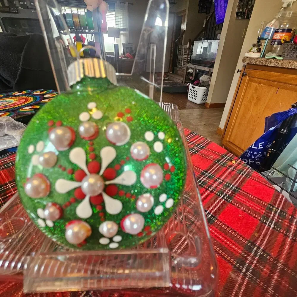 Green Red and Pearl 3 Inch Shatterproof Hand Painted Ornament